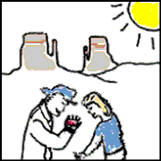 Cartoon people looking at a red rock on the South Rim