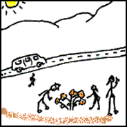 Cartoon of tour guests checking out a roadside flower