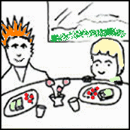 Tour guests have lunch in a restaurant