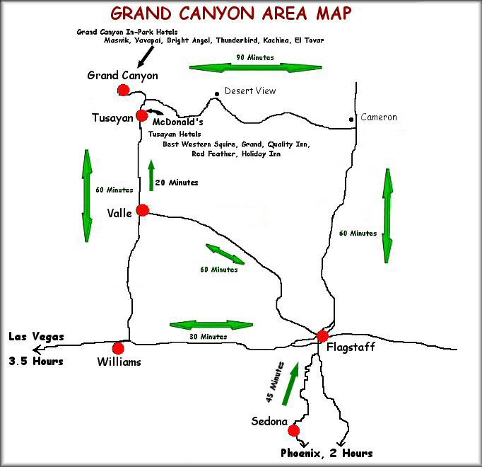 Map of the Grand Canyon Area | Driving Times from Nearby Cities